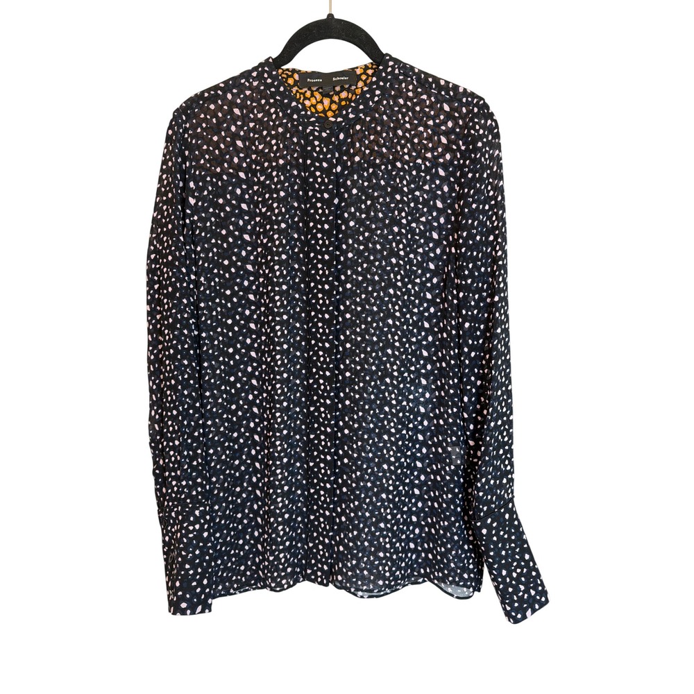 Proenza Schouler Silk Abstract Animal Print Blouse Navy Pink Long Sleeve Size 0